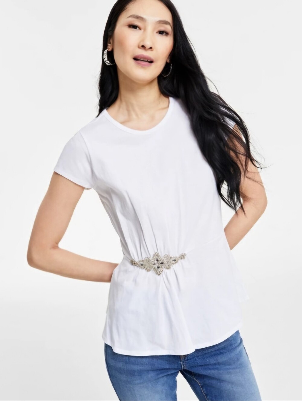 INC International Concepts Women's Embellished-Waist Cotton T-Shirt,  Sz Sm